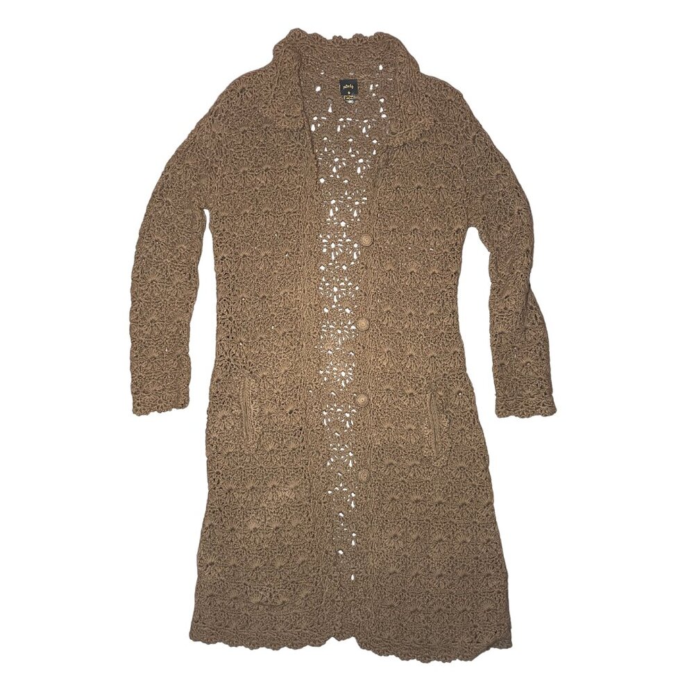 ornate long knitted cardigan with buttons and pockets